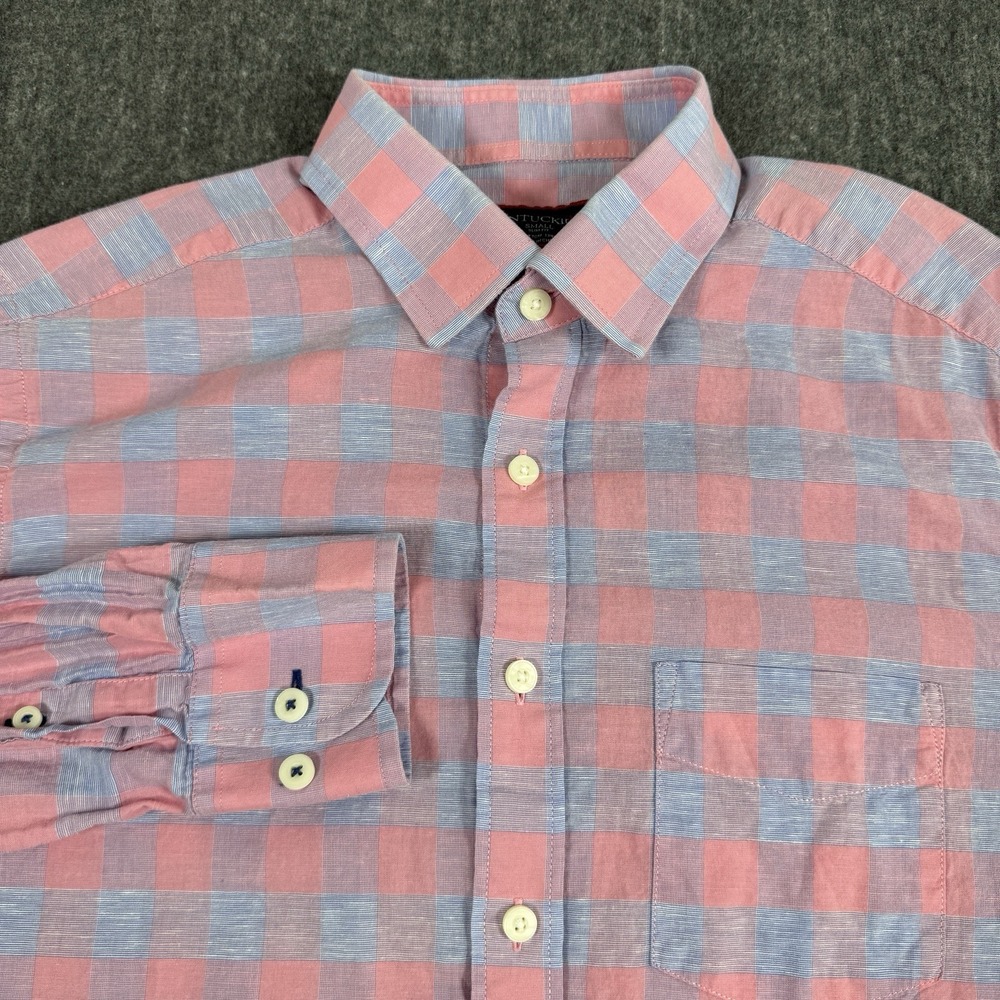 UNTUCKit Mens Small Slim Fit Pink Blue Plaid Linen Blend Long Sleeve Shirt